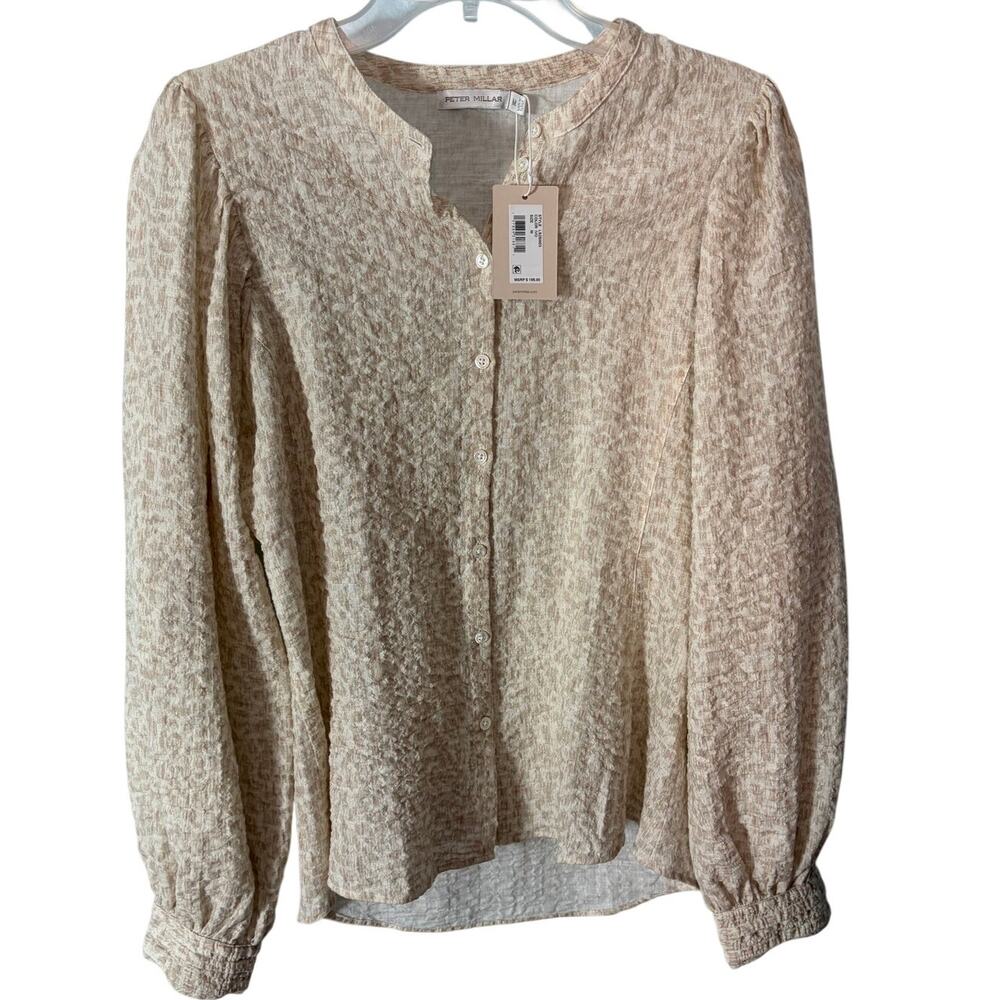 NWT Peter Millar Textured Cotton Blouse M Puff Sleeve Button Front Old Money